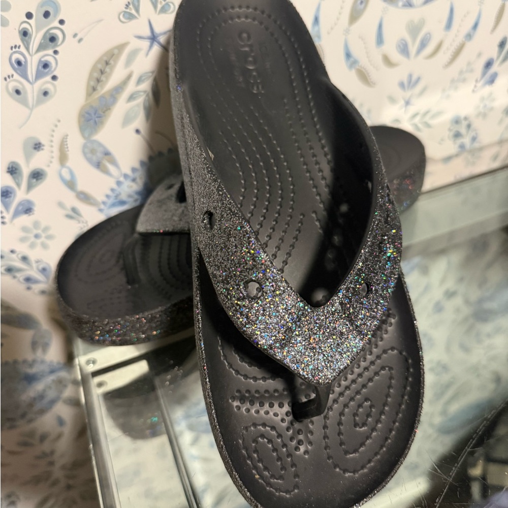Crocs Sparkly Black Flip Flops